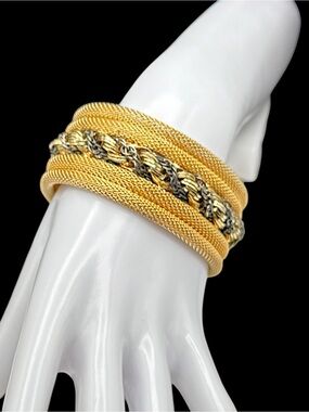Vintage Hallmarked Hobe Wide Gold Tone Mesh & Two Toned Center Chain Bracelet